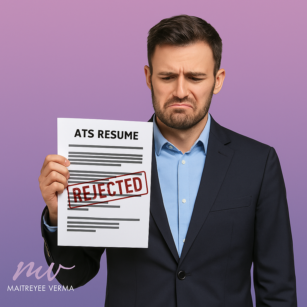 Middle-aged South Asian man in a suit intently holding a resume sheet, with a purple gradient background and MV logo.