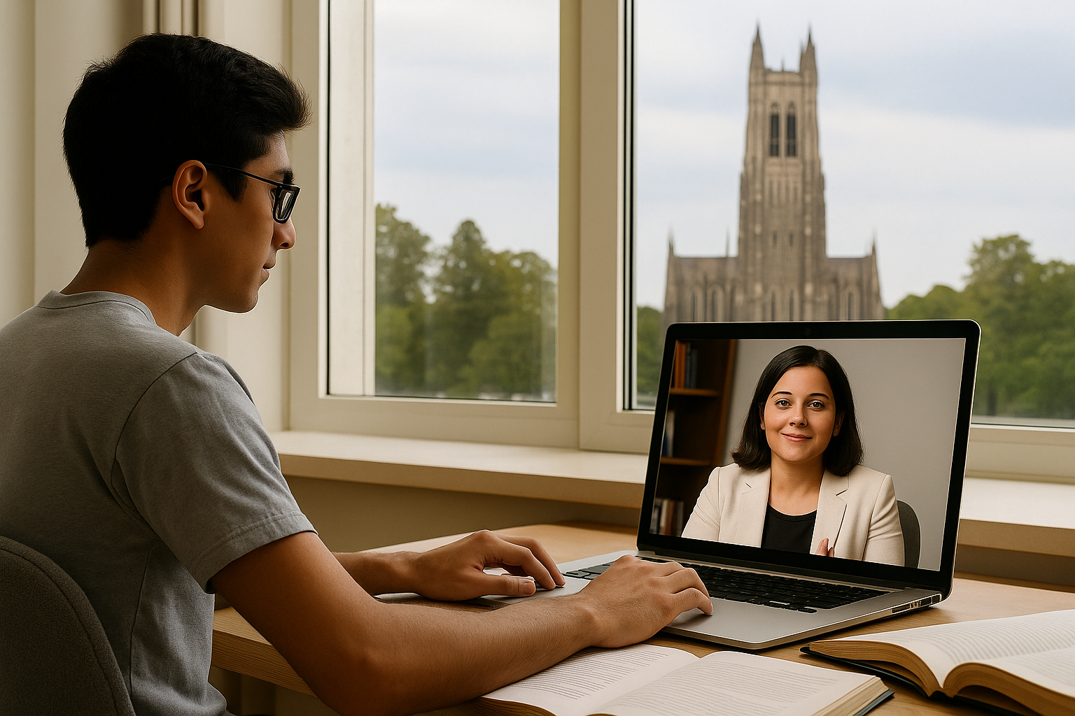 A Duke University student on a video call with coach Maitreyee Varma, receiving online communication training in front of a laptop.