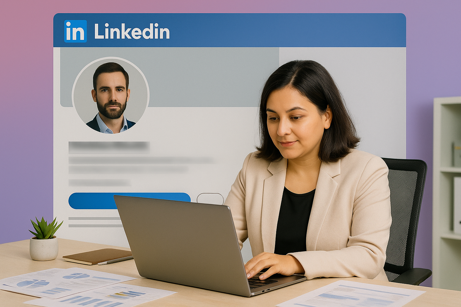 A South Asian woman working at a desk covered with papers, building a LinkedIn profile for a male founder whose profile picture is displayed on a large screen in the background. The image represents LinkedIn rebranding and personal brand strategy.